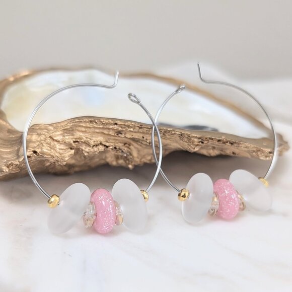 Pink Shimmer Glass Beaded Steel Hoop Earrings - Picture 1 of 7